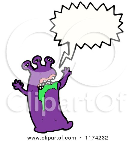 Cartoon of a Purple Drooling Monster with a Conversation Bubble - Royalty Free Vector Illustration by lineartestpilot
