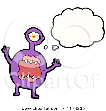 Cartoon of a Purple One-Eyed Monster with a Conversation Bubble - Royalty Free Vector Illustration by lineartestpilot