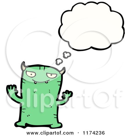 Cartoon of a Green Devil with a Conversation Bubble - Royalty Free Vector Illustration by lineartestpilot