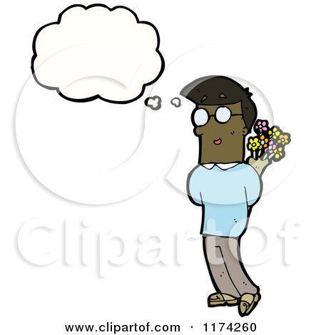 Cartoon of an African American Man with Flowers and a Conversation Bubble - Royalty Free Vector Illustration by lineartestpilot