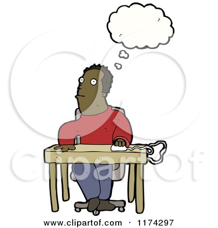 Cartoon of an African American Man at Desk with a Conversation Bubble - Royalty Free Vector Illustration by lineartestpilot