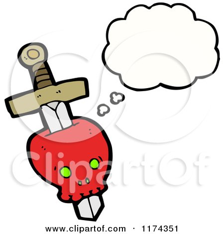 Clipart of a Thinking Red Skull with a Sword Through It - Royalty Free Vector Illustration by lineartestpilot