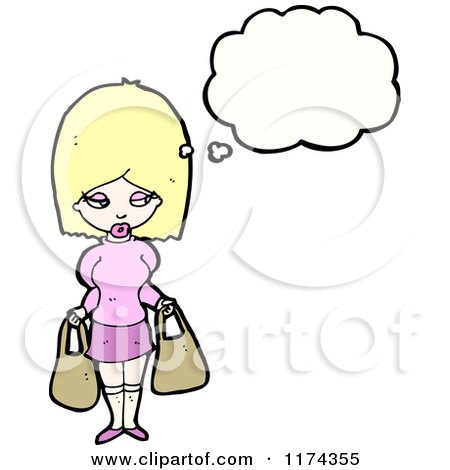 Cartoon of a Blonde WomanHolding Purses with a Conversation Bubble - Royalty Free Vector Illustration by lineartestpilot