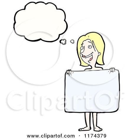 Cartoon of a Nude Blonde Woman with a Sign and a Conversation Bubble - Royalty Free Vector Illustration by lineartestpilot