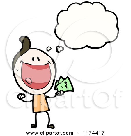 Cartoon of a Stick Girl Holding Money with a Conversation Bubble - Royalty Free Vector Illustration by lineartestpilot