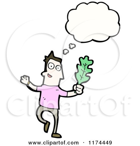 Cartoon of a Man Holding a Leaf with a Conversation Bubble - Royalty Free Vector Illustration by lineartestpilot