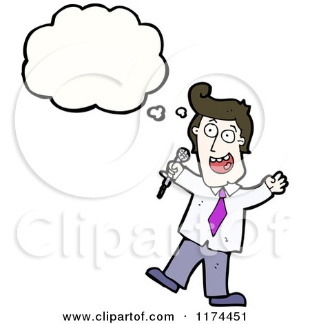 Cartoon of a Man Holding a Microphone with a Conversation Bubble - Royalty Free Vector Illustration by lineartestpilot