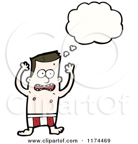 Cartoon of a Man Wearing Swim Trunks with a Conversation Bubble - Royalty Free Vector Illustration by lineartestpilot