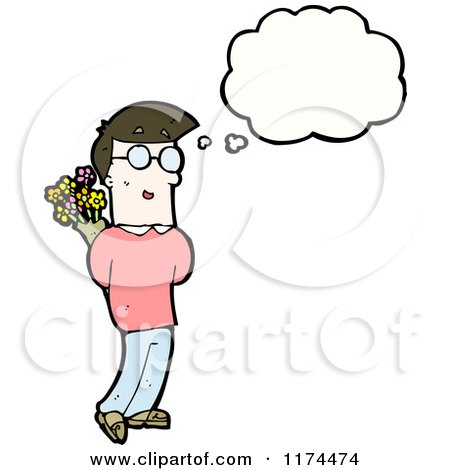 Cartoon of a Man Holding Flowers with a Conversation Bubble - Royalty Free Vector Illustration by lineartestpilot