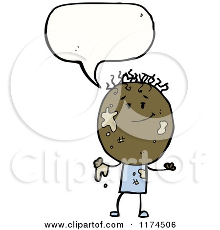 Cartoon of an Muddy African American Stick Boy with a Conversation Bubble - Royalty Free Vector Illustration by lineartestpilot
