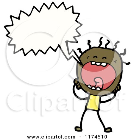 Cartoon of an African American Stick Boy Yelling with a Conversation Bubble - Royalty Free Vector Illustration by lineartestpilot