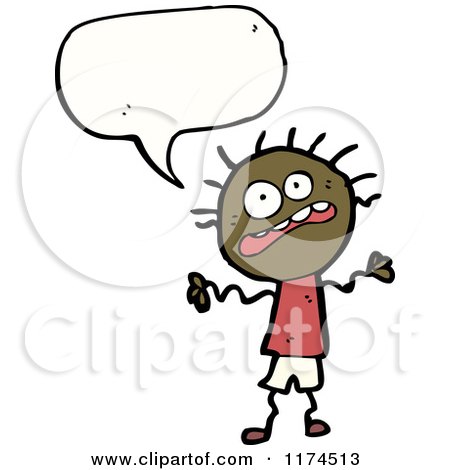 Cartoon of an African American Stick Boy with a Conversation Bubble - Royalty Free Vector Illustration by lineartestpilot