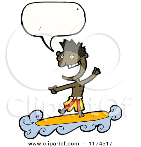 Cartoon of an African American Boy Surfing with a Conversation Bubble - Royalty Free Vector Illustration by lineartestpilot