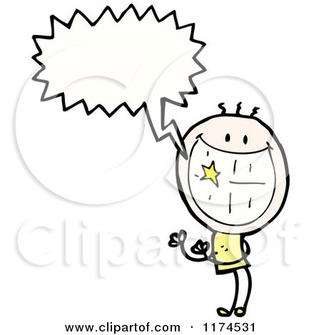Cartoon of a Stick Person with Shiny Teeth and a Conversation Bubble - Royalty Free Vector Illustration by lineartestpilot