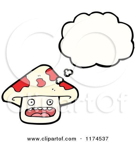 Cartoon of a Spotted Mushroom with a Conversation Bubble - Royalty Free Vector Illustration by lineartestpilot