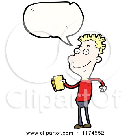 Cartoon of a Man with a Book and a Conversation Bubble - Royalty Free Vector Illustration by lineartestpilot