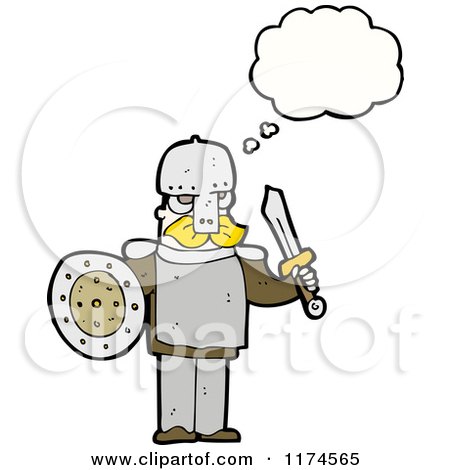 Cartoon of a Man Wearing Armor with a Conversation Bubble - Royalty Free Vector Illustration by lineartestpilot
