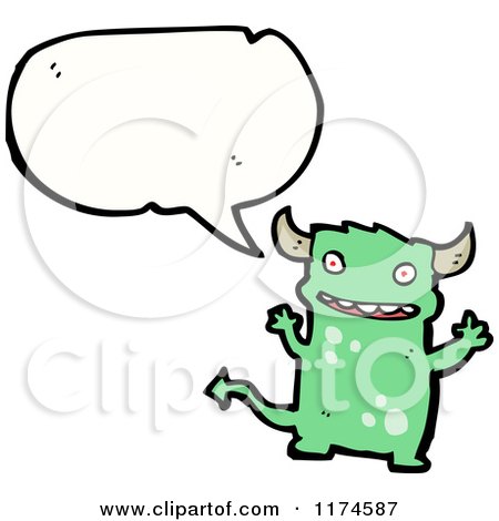 Cartoon of a Green Horned Monster with a Conversation Bubble - Royalty Free Vector Illustration by lineartestpilot