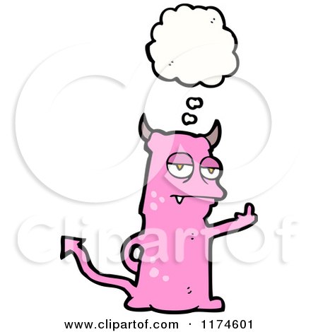Cartoon of a Pink Horned Monster with a Conversation Bubble - Royalty Free Vector Illustration by lineartestpilot