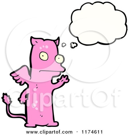 Cartoon of a Pink Winged Monster with a Conversation Bubble - Royalty Free Vector Illustration by lineartestpilot