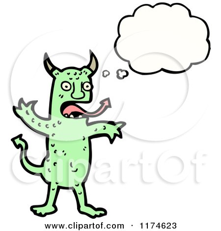 Cartoon of a Green Horned Monster with a Conversation Bubble - Royalty Free Vector Illustration by lineartestpilot