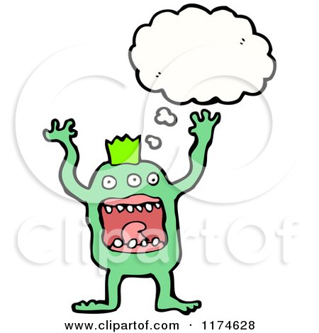 Cartoon of a Green Monster with a Conversation Bubble - Royalty Free Vector Illustration by lineartestpilot