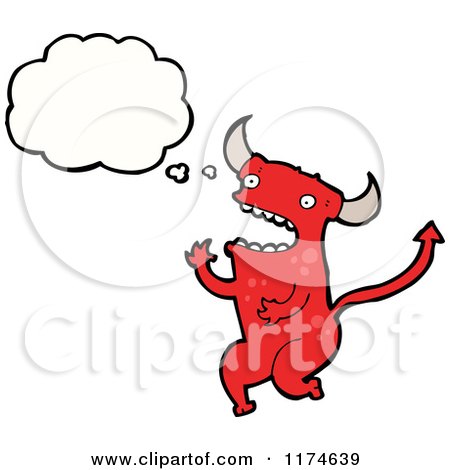Cartoon of a Red Horned Monster with a Conversation Bubble - Royalty Free Vector Illustration by lineartestpilot