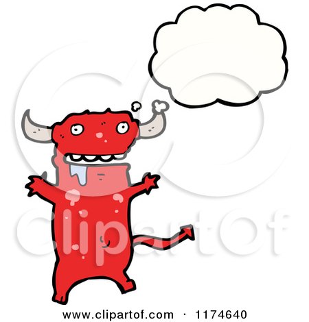 Cartoon of a Red Drooling Monster with a Conversation Bubble - Royalty Free Vector Illustration by lineartestpilot