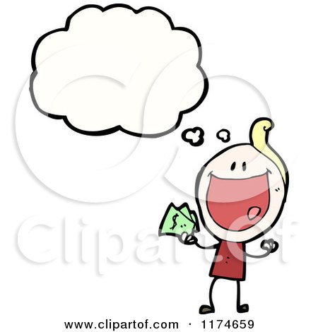 Cartoon of a Stick Person Holding Money with a Conversation Bubble - Royalty Free Vector Illustration by lineartestpilot