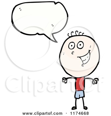 Cartoon of a Happ Stick Boy with a Conversation Bubble - Royalty Free Vector Illustration by lineartestpilot