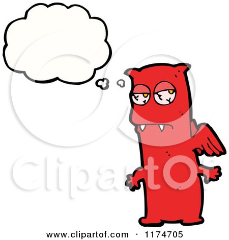 Cartoon of a Red Winged Monster with a Conversation Bubble - Royalty Free Vector Illustration by lineartestpilot
