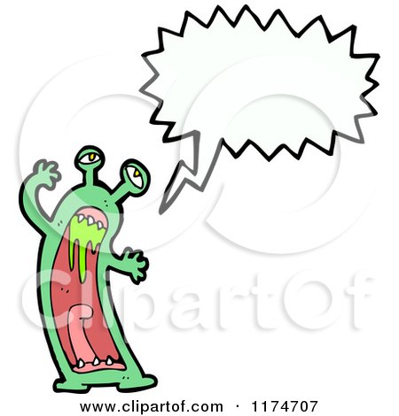 Cartoon of a Green Drooling Monster with a Conversation Bubble - Royalty Free Vector Illustration by lineartestpilot
