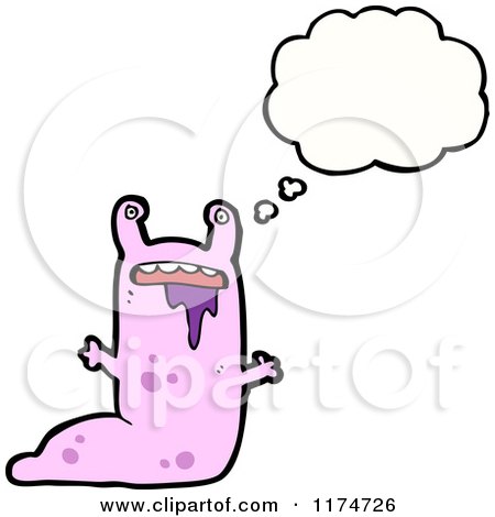 Cartoon of a Pink Drooling Monster with a Conversation Bubble - Royalty Free Vector Illustration by lineartestpilot