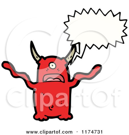 Cartoon of a Red Monster with a Conversation Bubble - Royalty Free Vector Illustration by lineartestpilot