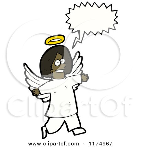 Cartoon of an African American Angel with a Conversation Bubble - Royalty Free Vector Illustration by lineartestpilot