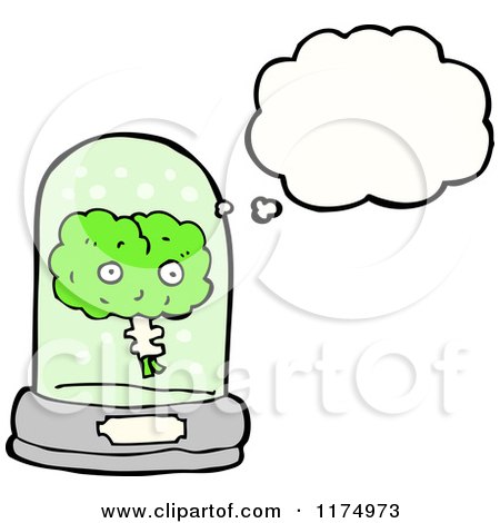 Cartoon of a Green Brain in a Snow Globe with a Conversation Bubble - Royalty Free Vector Illustration by lineartestpilot