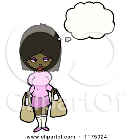 Cartoon of an African American Girl Holding Two Purses Conversation Bubble - Royalty Free Vector Illustration by lineartestpilot