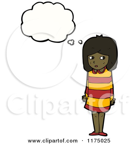 Cartoon of an African American Girl in a Striped Dress with a Conversation Bubble - Royalty Free Vector Illustration by lineartestpilot