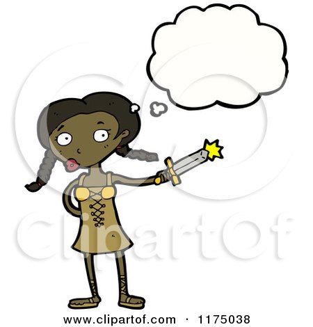 Cartoon of an African American Girl with Sword a Conversation Bubble - Royalty Free Vector Illustration by lineartestpilot