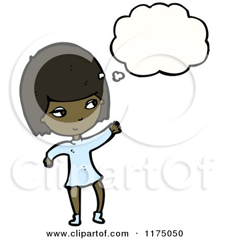 Cartoon of an African American Girl in Blue with a Conversation Bubble - Royalty Free Vector Illustration by lineartestpilot