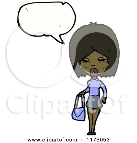 Cartoon of an African American Girl with a Purse and a Conversation Bubble - Royalty Free Vector Illustration by lineartestpilot