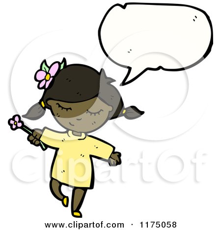 Cartoon of an African American Girl Holding Flowers with a Conversation Bubble - Royalty Free Vector Illustration by lineartestpilot