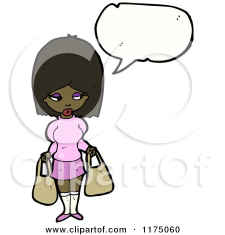 Cartoon of an African American Girl Holding Two Purses Conversation Bubble - Royalty Free Vector Illustration by lineartestpilot