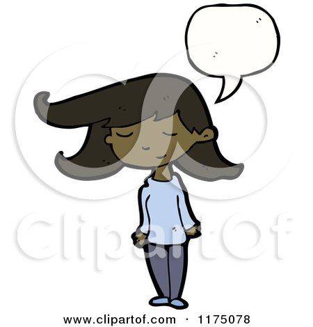 Cartoon of an African American Girl in Blue with a Conversation Bubble - Royalty Free Vector Illustration by lineartestpilot