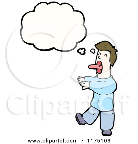 Cartoon of a Man Wearing a Blue Sweater Sticking out Toungue with a Conversation Bubble - Royalty Free Vector Illustration by lineartestpilot