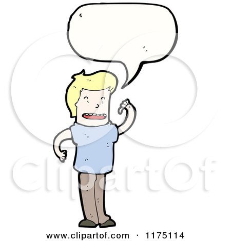 Cartoon of a Man Wearing a Blue Sweater with a Conversation Bubble - Royalty Free Vector Illustration by lineartestpilot
