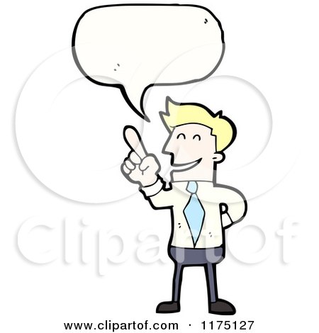 Cartoon of a Man Wearing a Tie Pointing with a Conversation Bubble - Royalty Free Vector Illustration by lineartestpilot
