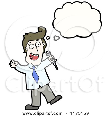 Cartoon of a Man Holding a Microphone with a Conversation Bubble - Royalty Free Vector Illustration by lineartestpilot