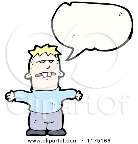 Cartoon of a Man Wearing a Blue Sweater with a Conversation Bubble - Royalty Free Vector Illustration by lineartestpilot