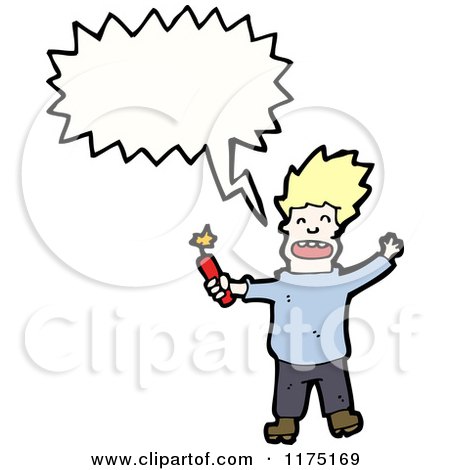 Cartoon of a Man Holding Dynamite Wearing a Blue Sweater with a Conversation Bubble - Royalty Free Vector Illustration by lineartestpilot